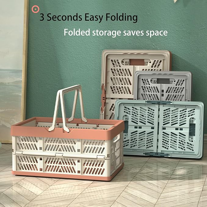 Collapsible Plastic Storage Crate - 20L Folding Organizer Basket Portable Stacking Storage Crate Bin with Handle, for Camping, Picnic, Car Trunk, Home Storage (Pink, M)