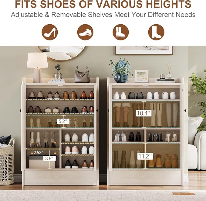 Jehiatek Light Oak Wood Shoe Cabinet with Adjustable Shelves & Large Bottom Drawer,Freestanding Closed Shoe Storage Organizer with Doors,Entryway Shoe Rack for Heels Boots Sneakers Hallway Living Room
