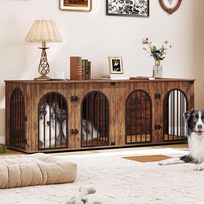 Hzuaneri 70.9" Double Dog Crate Furniture, Dog Kennel Indoor with Cushion | Heavy Duty Dog Crate Furniture for 2 Dogs,Dog Cage End Table TV Stand with Divider for Med-Large Dogs,Rustic Brown DFC81901B