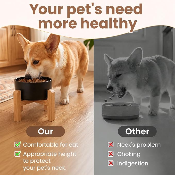 hjn Elevated Ceramic Dog Bowl with Bamboo Stand, Raised Pet Feeding Station for Small Medium Dogs Cats, Modern Design with Anti-Slip Base (Black, 3.6Cup)