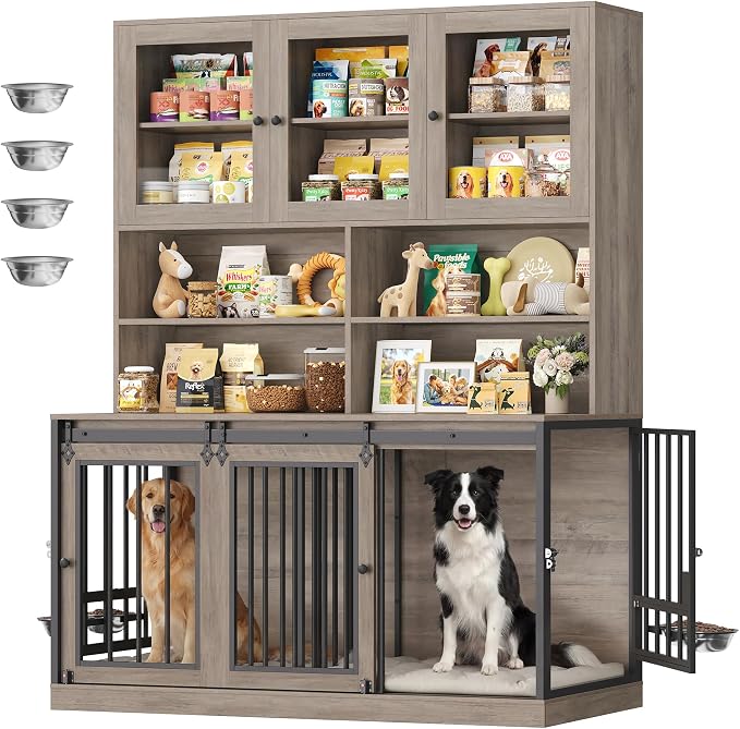 HOSTACK 71" Tall Dog Crate Furniture, Indoor Dog Kennel with Storage, Grey | Removable Room Divider, 4 feeding bowls, Adjustable Shelves, Metal Lock & Spring Latch, Farmhouse Pet House for XL/XXL Dogs