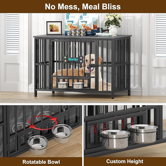 Easycom 41" Dog Crate Furniture Foldable, No Assembly Decorative Dog Kennel Indoor, Dog Crates for Large Dogs(35-60 lb), Wooden Dog Cage with Adjustable Bowls and Name Tag, End Table, Dark Grey
