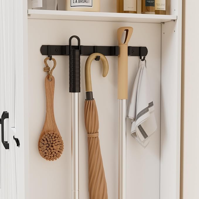 Broom Closet Storage Cabinet, 63" H Wooden Vacuum Storage Cabinet, Utility Closet with 2 Doors, Cleaning Tool Organizer with 6 Shelfs and 5 Pack Broom Holder, 63" H×35.4" W×15.7" D,White