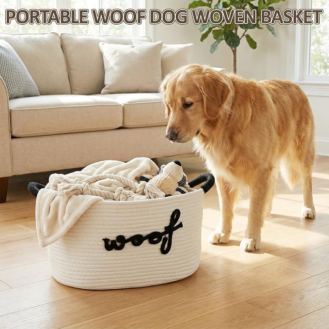 Dog woven Toy Basket 14.6 x 10.6 x 8.7 Inch Woof Pet Baskets Storage Bin Box with Durable Handles, Woven Pet Basket Puppy Bins for Organizing Toys Dog Blankets and Accessories(Woof)