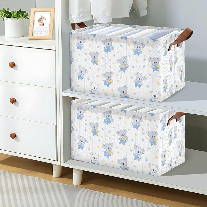 Cute Koala Picking Stars Storage Basket Foldable Cube Storage Bins with Handles&Label Waterproof Collapsible Organizer Box Bin Large Rectangle Decorative Baskets for Shelves Home Room Laundry-2 PC