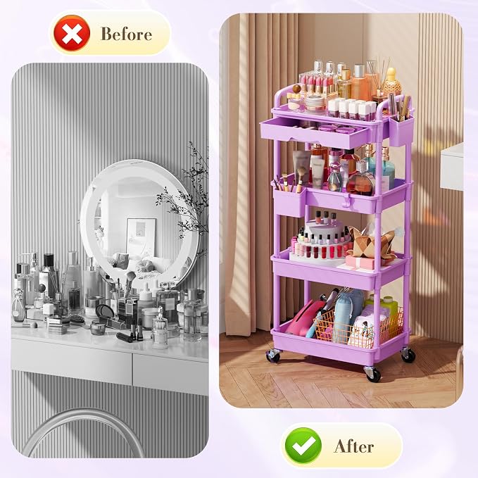 SUNALLY Makeup Cart Organizer with Drawer,4 Tier Rolling Makeup Cart,Purple | Rolling Vanity Storage for Skin Care Perfume Nail Polish, Floor Skincare Organizers Cosmetics Display Bathroom Storage Cart