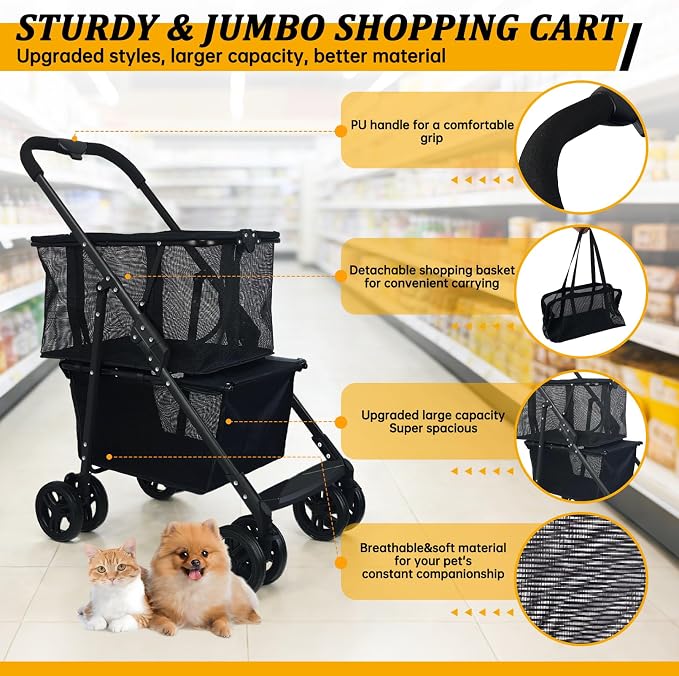 2-in-1 Folding Shopping Cart & Pet Stroller 110 LB Grocery Cart | 112L Large Personal Shopping Cart with Removable Basket, Portable Utility Cart for Groceries, Laundry, Camping & Pet Travel