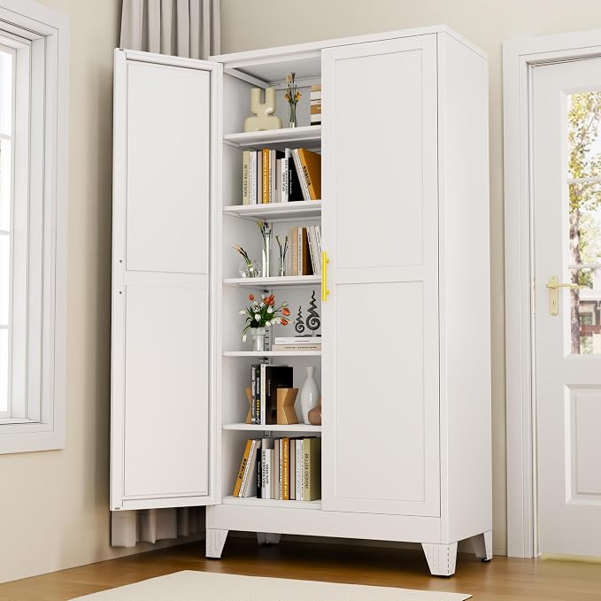 White Metal Storage Cabinet,75" Steel Cabinets for Home Office | Kitchen Pantry Storage Cabinet with Doors and 5 Adjustable Shelves, Tool Cabinets, for Office, Home, Garage, School, 36" W