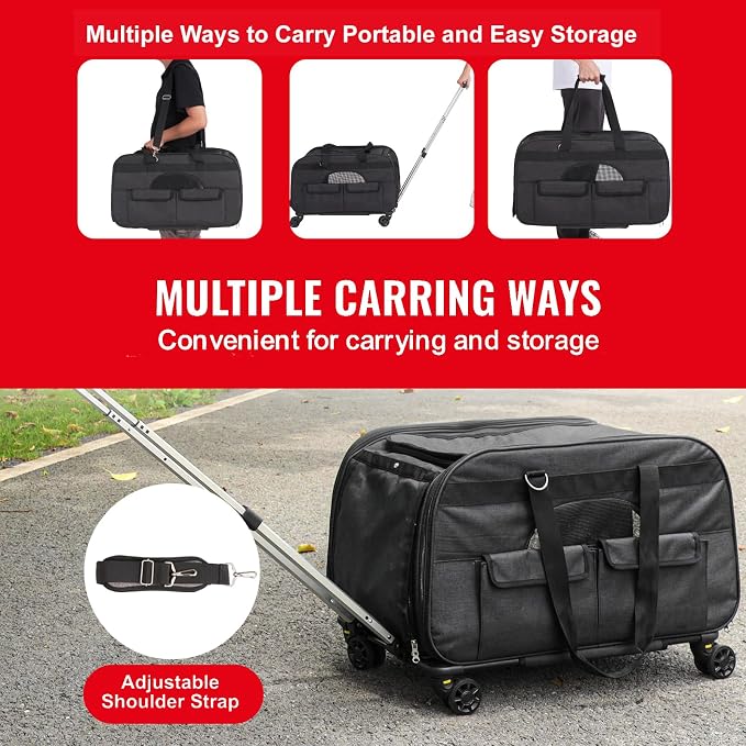 Happybuy Cat Carrier with Wheels, Rolling Pet Carrier with Telescopic Handle and Shoulder Strap, Dog Carrier for Pets up to 35 lbs, Includes Folding Bowl, Black