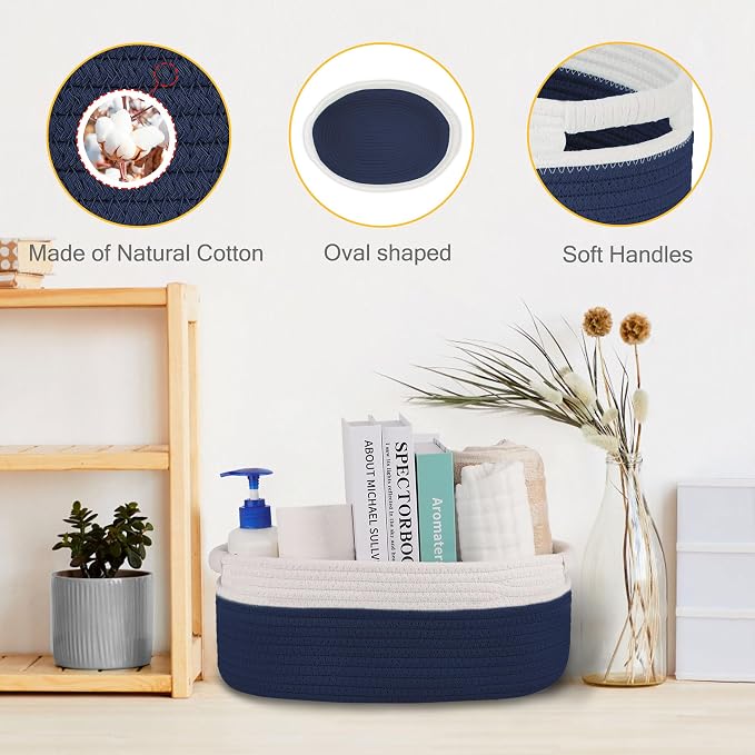 Small Woven Gift Basket with Bag & Ribbons, Navy Blue | Cotton Rope, 13”x 9”x 5.5”, Fits for Kids, Women & Men, Bedroom, Living Room, Nursery & Bathroom Storage, Cat & Dog Toy Boxes