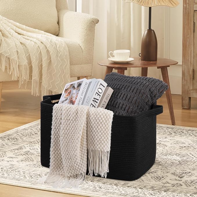OIASKET 95L Large Blanket Basket, Black Blanket Storage Living Room, Rectangle Woven Baskets for Storage Toys, Towels, Dirty Clothes Organizer Bins (Black)