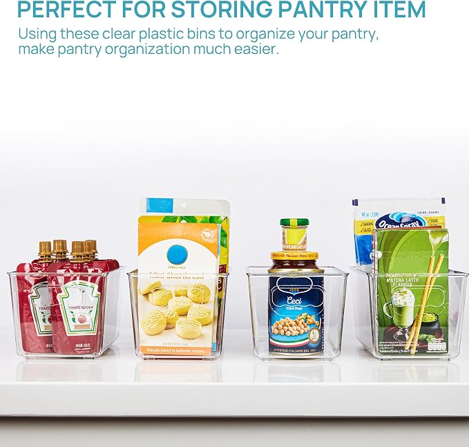 Vtopmart 6 Pack Clear Storage Bins, Pantry Storage Bins with Handle, Small | Plastic Pantry Organizer Containers for Kitchen, Refrigerator, Fridge, Cabinet, Countertops, Home Organization and Storage