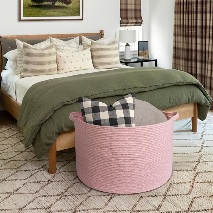 115L Oversized Pink Basket, 23.6"x15.7" Woven Cotton Rope Bin with Handles, XXXL Blanket Storage for Living Room, Kids Toy Storage Bin Box, Baby Laundry Basket for Organizing, Pink Room Decor