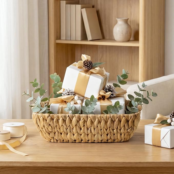 StorageWorks Wicker Baskets for Organizing, Water Hyacinth Storage Baskets | Wicker Storage Baskets for Shelves, Baskets with Wooden Handles, 2-Pack Gifts Basket for Home Decor, Hand-Woven Basket