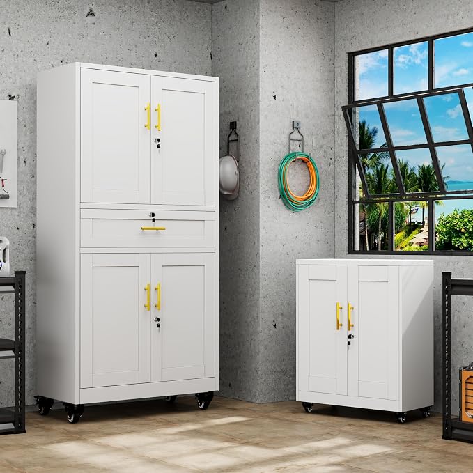 GAIOUS Metal Garage Storage Cabinet with Wheels and Drawer, Steel File Cabinet for Home Office, 74'' Tall Tool Cabinet with 4 Locking Doors and 3 Adjustable Shelves, Rolling Cabinet for Garage - White