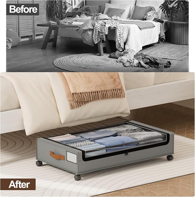 LAMU Under Bed Storage with Wheels, 2Pack Underbed Storage Containers, Grey | Smooth-rolling Wheels, Clear Lid & Label, Sturdy Metal Frame, Easy Install, Rolling Storage Drawers for Clothes, Shoes, Toys