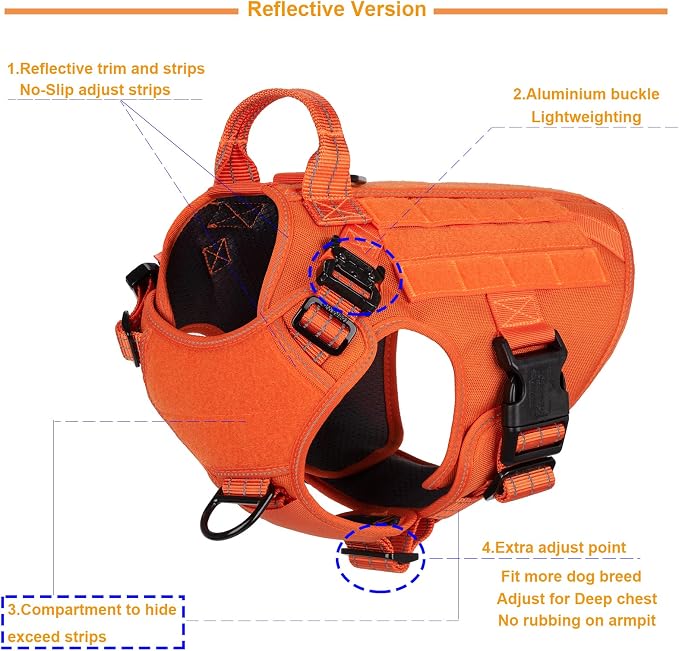 ICEFANG Tactical Dog Harness for Medium Dogs,Reflective No Pull Dog Vest | with Control Handle,Adjustable,Front Hook,2 Leash Clips,Soft Padded,MOLLE Panel,Orange,Medium