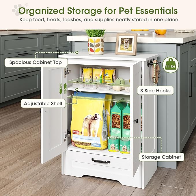 Dog Feeding Station with Storage Cabinet, White Wood Dog Cabinet with 2 Elevated Stainless Steel Bowls, Hidden Pull-Out Feeder Drawer, Pet Feeding Station for Kitchen and Living Room