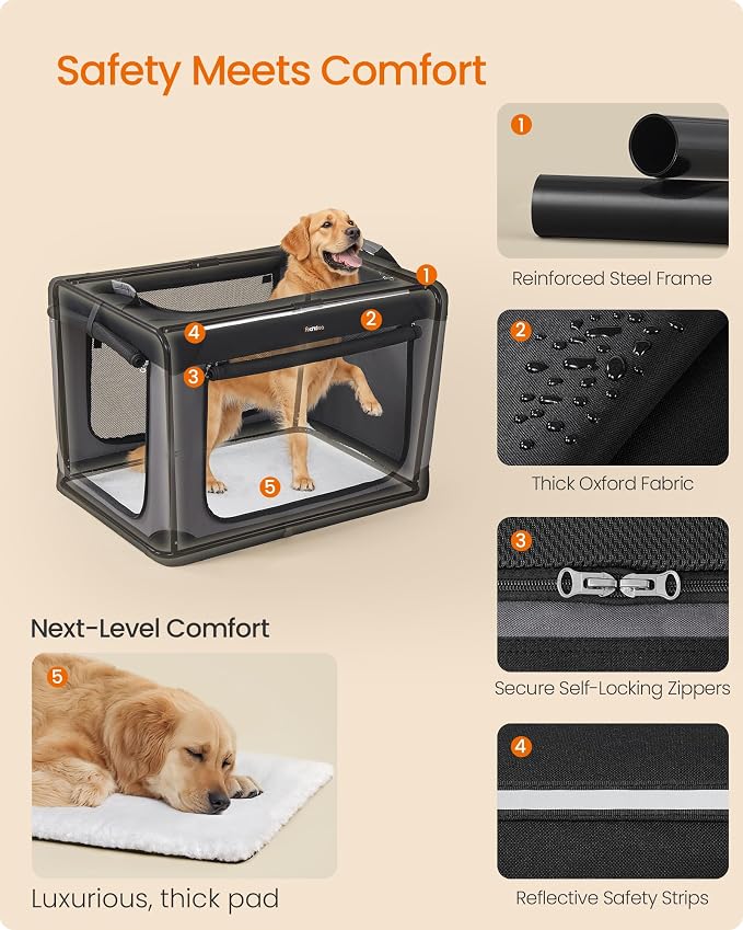 Feandrea Collapsible Dog Crate, Portable Travel Crate, 36-Inch | Oxford Fabric Pet Carrier with 4 Mesh Doors, Handles, Storage Pocket, Water Bottle Holder, UPDC019B01