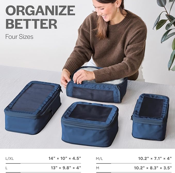 Compression Packing Cubes for Travel, 4-Pack, Dark Blue | Solves overpacking, 4-Piece set fits most carry-ons, 50% Space savings, Compression luggage organizer bags