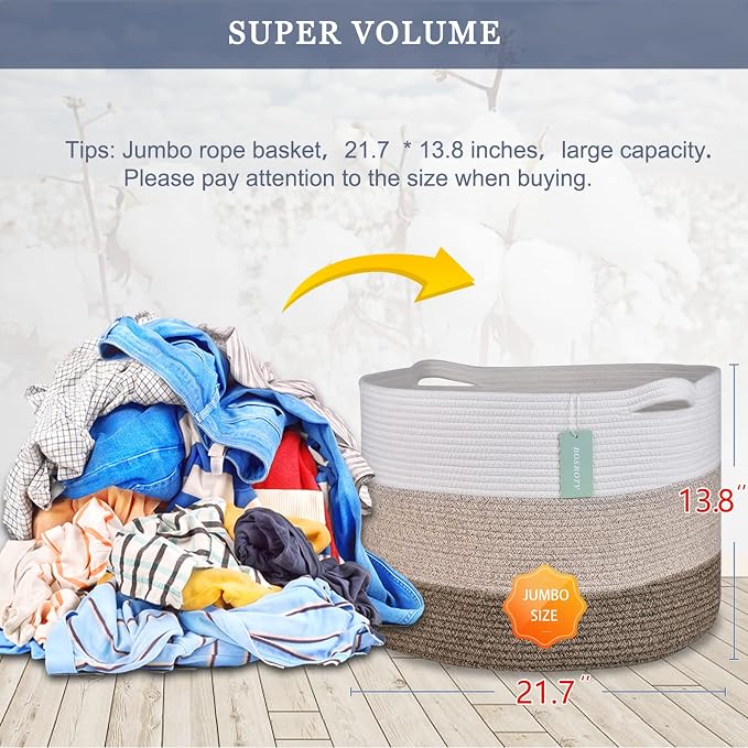 Cotton Rope Blanket Basket, 87L Laundry Hamper, White & Ombre Brown