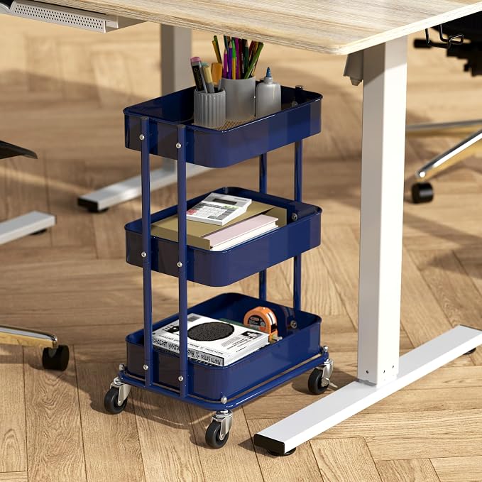Simple Houseware 3-Tier Utility Cart, Low 24" Height Fits Under Desk, Navy | Compact & Lower Height Great for Under-Desk Space-Saving Storage for Home Office, Dining Room, or Kitchen