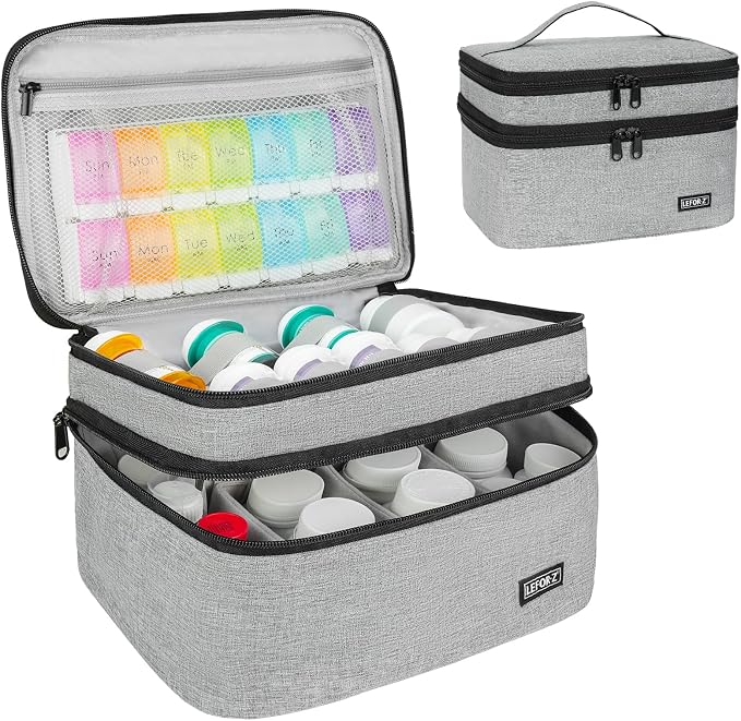 LEFOR·Z Medicine Storage Bag,Double Layers Pill Bottle Organizer Bag Empty | Medical Supplies Bag with Lockable Zipper & Adjustable Divider,Medication Travel Carrying Bag for Pills,Vitamins,Grey