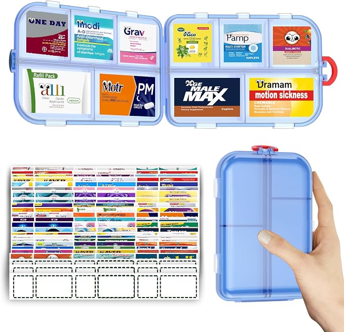 Pill Organizer Travel Medicine Case - Daily Pill Organizer with 144 Labels, Portable Travel Essentials for Medication