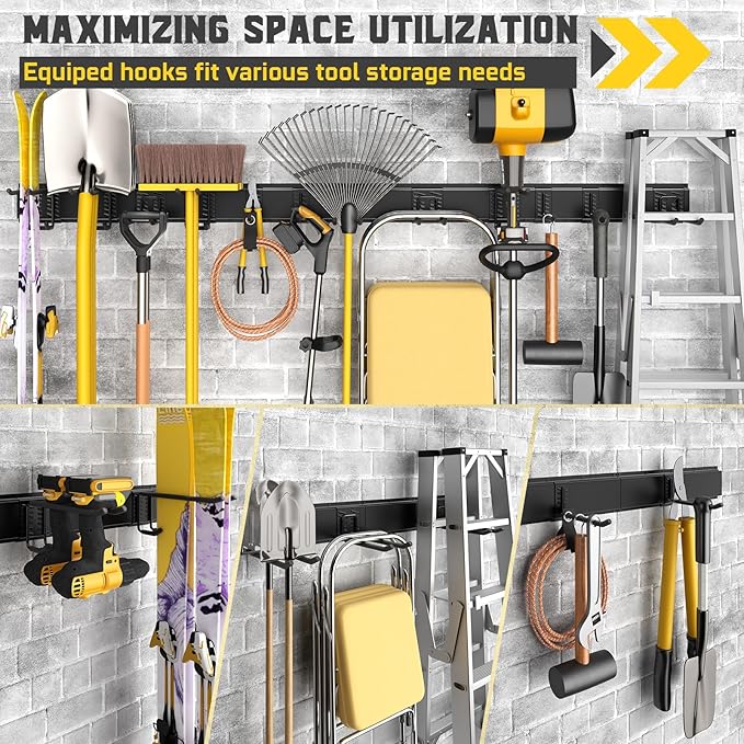 48" Garage Tool Organizer Wall Mount, 660lbs Heavy Duty Steel Garden Tool Storage Rack with 9 Adjustable Hooks for Yard, Shed, Garage (3 Racks, 9 Hooks, 2 Straps)