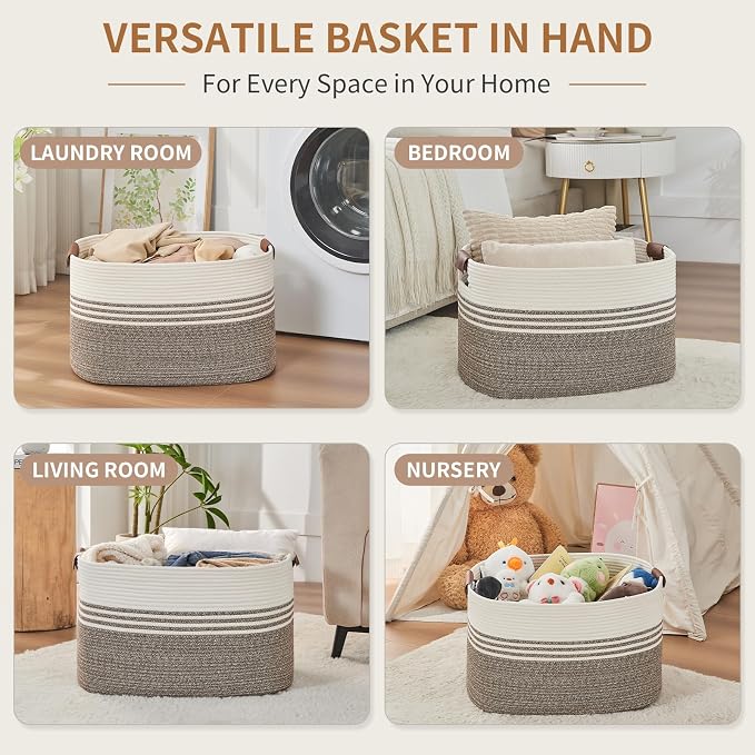 Laundry Hamper with Handles, 72L Rope Laundry Basket, Brown | Cotton rope clothes hamper with leather handles holds blankets, pillows, toys and laundry in nursery, bedroom or living room