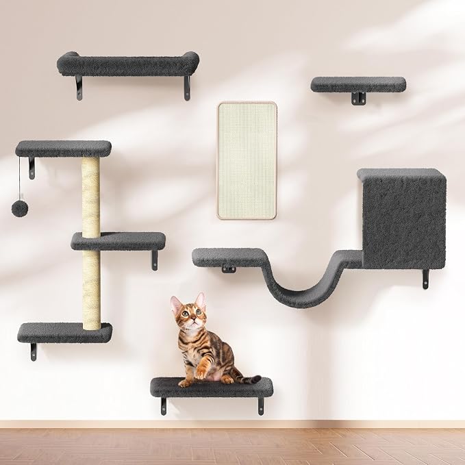 6-in-1 Wall Mounted Cat Climber Set for Heavy Cats,Wall Shelves,Stable & Safe Cat Furniture Set for Large Cats, Wooden Climbing Wall with Scratching Post (Black)