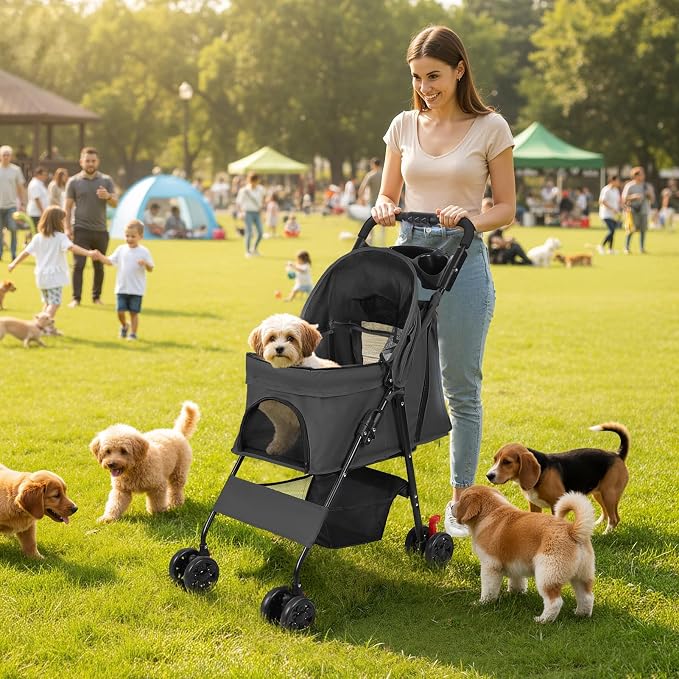 4 Wheel Pet Stroller for Small Medium Dogs, Foldable Cat Carriage with Breathable Mesh Windows, Cup Holder and Storage Basket, Portable Animal Strolling Cart Holds up to 22lbs Black