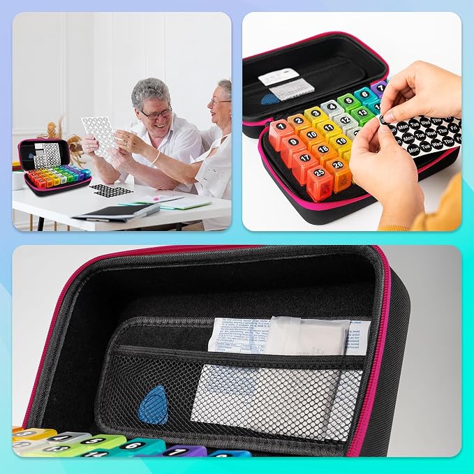 Monthly Pill Organizer, Medicine Organizer Box with Portable Hard Shell and Pill Cutter, 31 Day Pill Holder with Weekly Pill Bag (Rose red, 2 Times a Day)