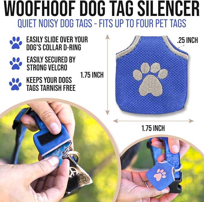 Woofhoof Dog Tag Silencer, Blue Pawprint - Quiet Noisy Pet Tags - Fits Up to Four Pet IDs - Dog Tag Cover Protects Metal Pets IDs, Made of Durable Nylon, Universal Fit, Machine Washable