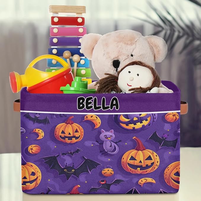 Custom Name Storage Bin, Personalized Rectangular Storage Basket with Handles for Organizing Girls Toys Office Closet Shelf Baskets Halloween Pumpkin Bat Cat Stars Purple