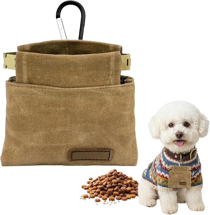 Dog Treat Pouch, Portable Auto Closing Dog Training Treat Bag with Carabiner, Hands Free Pocket Sized Snack Reward Pouch for Puppy Walking Travel Outdoor Use, Brown