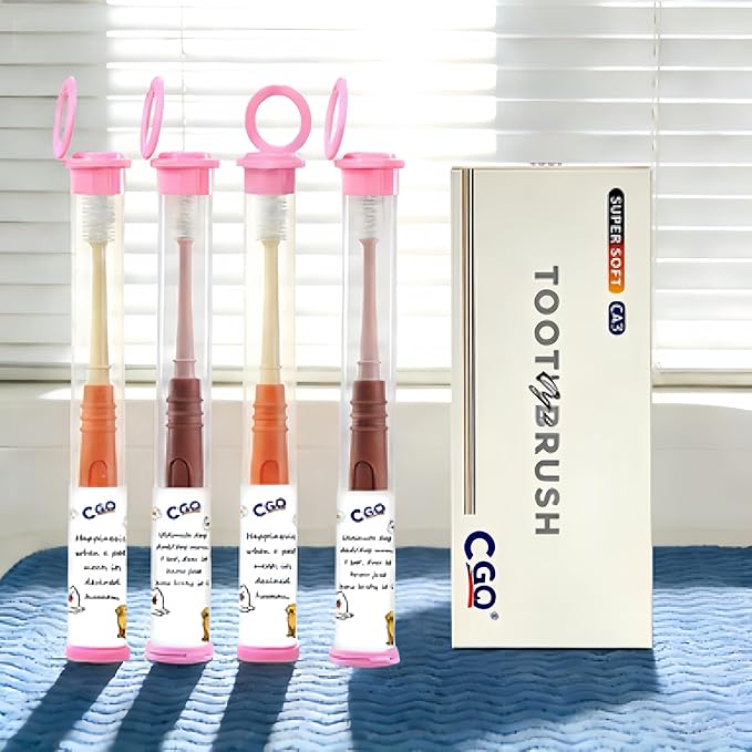 CGO Silicone 360° Toothbrush for Small Dogs & Cats - 4 Pack Round Head Pet Toothbrush, Gentle Chewable Brush with Soft Bristles, Dental Care Kit for Puppy Kitten Oral Hygiene (2 Orange, 2 Brown)