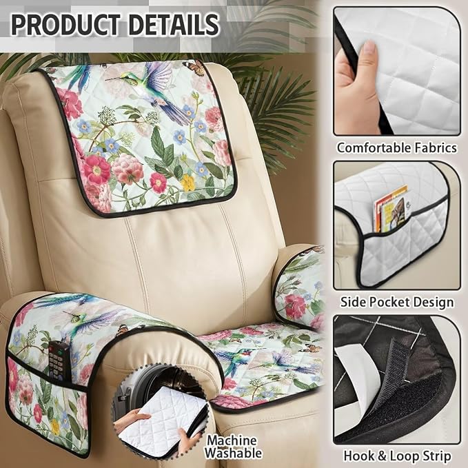 4-Piece Non Slip Recliner Chair Cover Hummingbird | Quilted Recliner Chair Covers with Pockets Floral Furniture Covers for Recliners Lazy Boy Sofa Armchair,Scratch Resistant