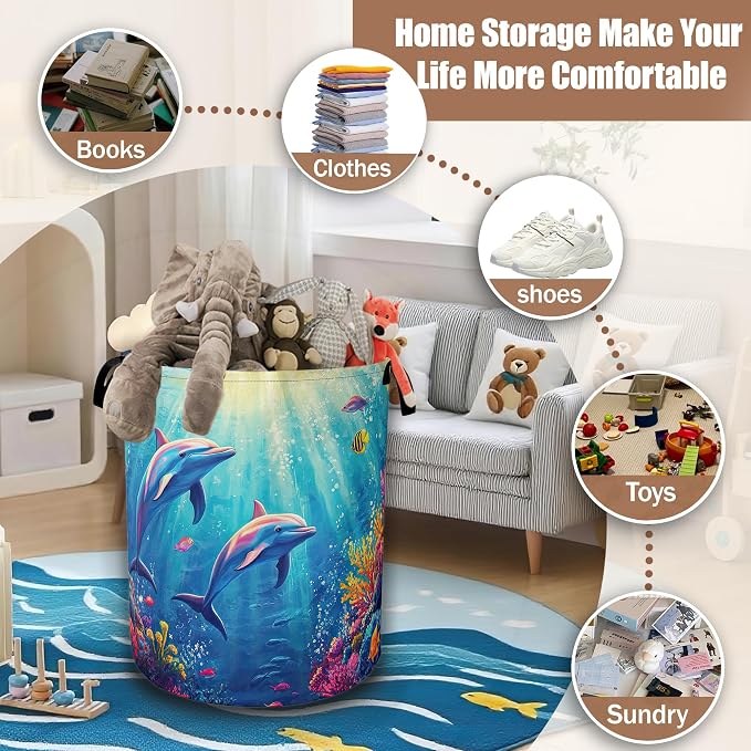 Dolphin Ocean Floating Laundry Basket,Waterproof Foldable Laundry Hamper,Dirty Clothes Basket, Linen Bin Storage Organizer Collection 16" x 20.8"