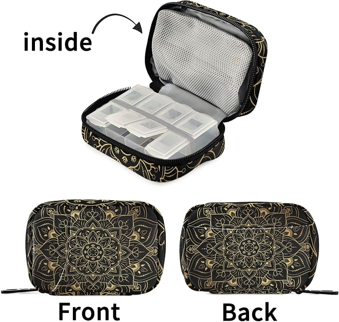 Vintage Floral Mandala Pill Case, Weekly Portable Pill Bag Container 7 Days Pill Box Organizer Vitamin Supplement Holder with Zipper for Travel Family Business