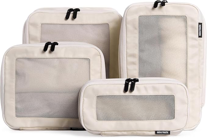 Compression Packing Cubes for Travel, 4-Pack, Beige | Solves overpacking, 4-Piece set fits most carry-ons, 50% Space savings, Compression luggage organizer bags