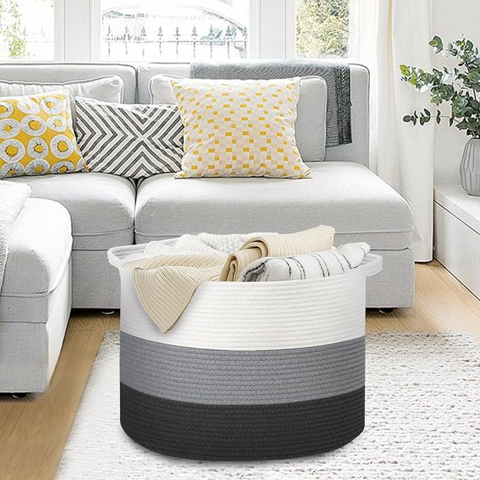 MEGASKET Extra Large Cotton Rope Basket, 22” X 22” X 14” Blanket Storage for Living Room, Soft Kids Dog Toy Bin Box, Woven Round Baskets for Organizing, Big XXL Blanket Pillow Holder Organizer