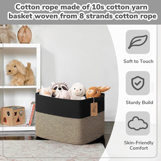 Goodpick 50L Large Woven Storage Basket for Organizing, Black & Jute | 18" × 14" × 12" Stylish Gift Basket for Living Room & Bedroom Organization, Wicker Baskets for Shoes & Toys Storage