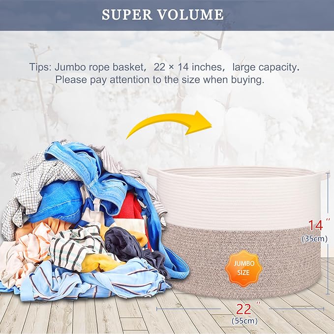 Large Cotton Rope Blanket Basket, 87L Laundry Hamper, White & Brown