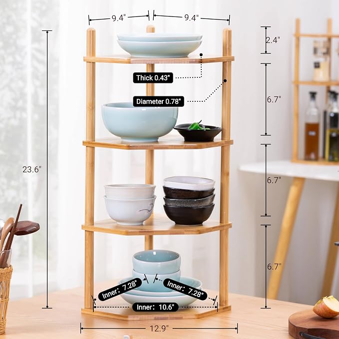 4-Tier Bamboo Corner Shelf,Kitchen Countertop Organizer,Corner Countertop Organizer Shelf, Coffee Bar Organizer,Coffee Bar Accessories,for Kitchen, Pantry, Organizers and Storage,White