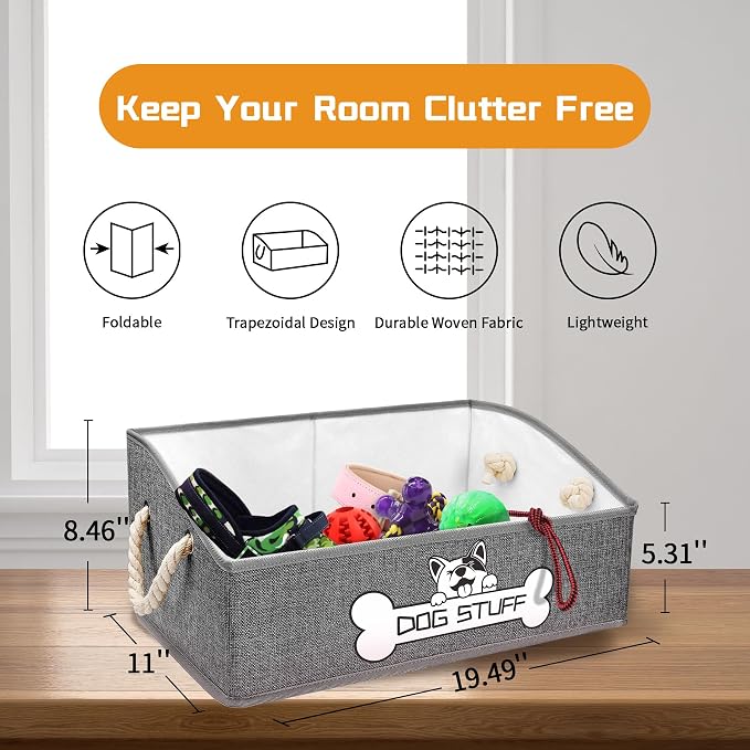 Dog Toy Basket, Storage Bin, Collapsible Box for Pet Accessories | Fabric Container With Handle, Trapezoid Holder for Small Medium dogs, Organizer for Living Room, Light Gray