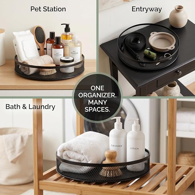 Pethiy Pet Grooming Organizer, Bathroom Rotating Metal Basket with Base | Round Pet Supply Caddy for Dog Shampoo, Brushes, Wipes, Skincare, Bathroom Countertop and Cabinet Storage