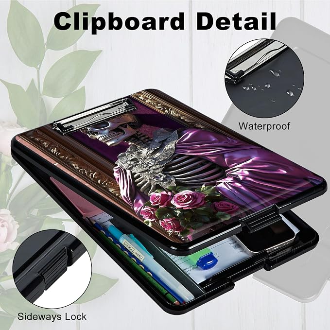 Heavy Duty Storage Clipboard, Slim Nursing Clipboard with Internal Pen Case, Portable File Organizer Case for A4 Letter Size Paper Office Medical Professionals, Purple Clothes Skull