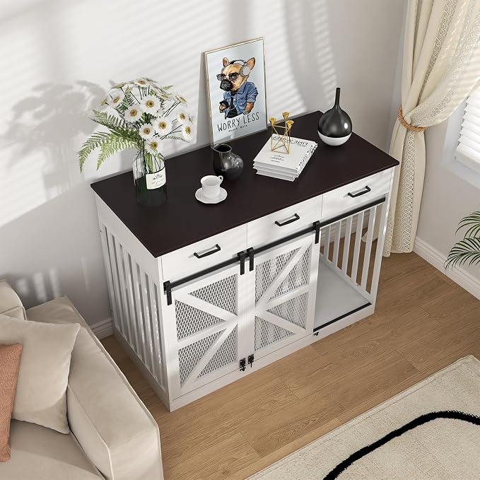 Spacesea Large Dog Crate Furniture with Sliding Barn Door, 48" Wooden Dog Kennel Indoor End Side Table for Home Decor, Removable Divider, 3 Drawers, Furniture Style Dog Crate TV Stand