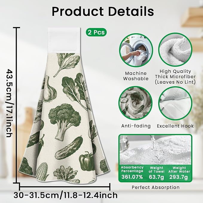 CUTHOLLOW Fruits Vegetables Hanging Kitchen Towels with Loop, Set of 2 - Soft & Super Absorbent Microfiber Decorative Hanging Dish & Hand Towel, Tea, Coffee Towel for Kitchen Bathroom Oven Handle